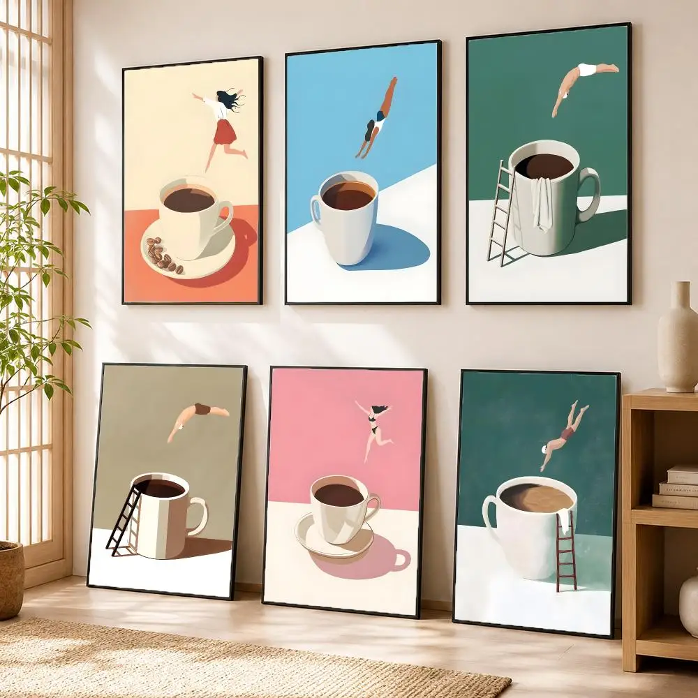 Retro Coffee Diving Poster Stickers HD Painting Self-Adhesive Art for Bedroom Living Room Home Decor Wall Decals Gift