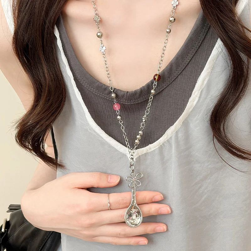 Spoon Flower Beaded Necklace Silver Tone Alloy Long Chain Premium Elegant Unique Lightweight Dainty Versatile Jewelry for Her