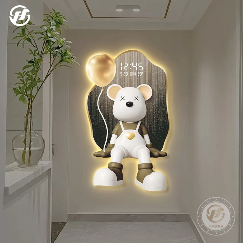 كريم نمط الفن نحت الديكور اللوحة العصرية العلامة التجارية الدب العنيف مدخل ساعة رقمية مضيئة اللوحة الخفيفة