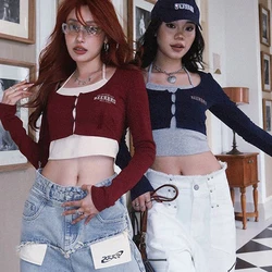 Women's Letter Print Crop Tops, Y2K T-shirt, Long Sleeve, Fake Two-Piece Streetwear, Grunge Clothes, Korean Fashion, Hot Girl