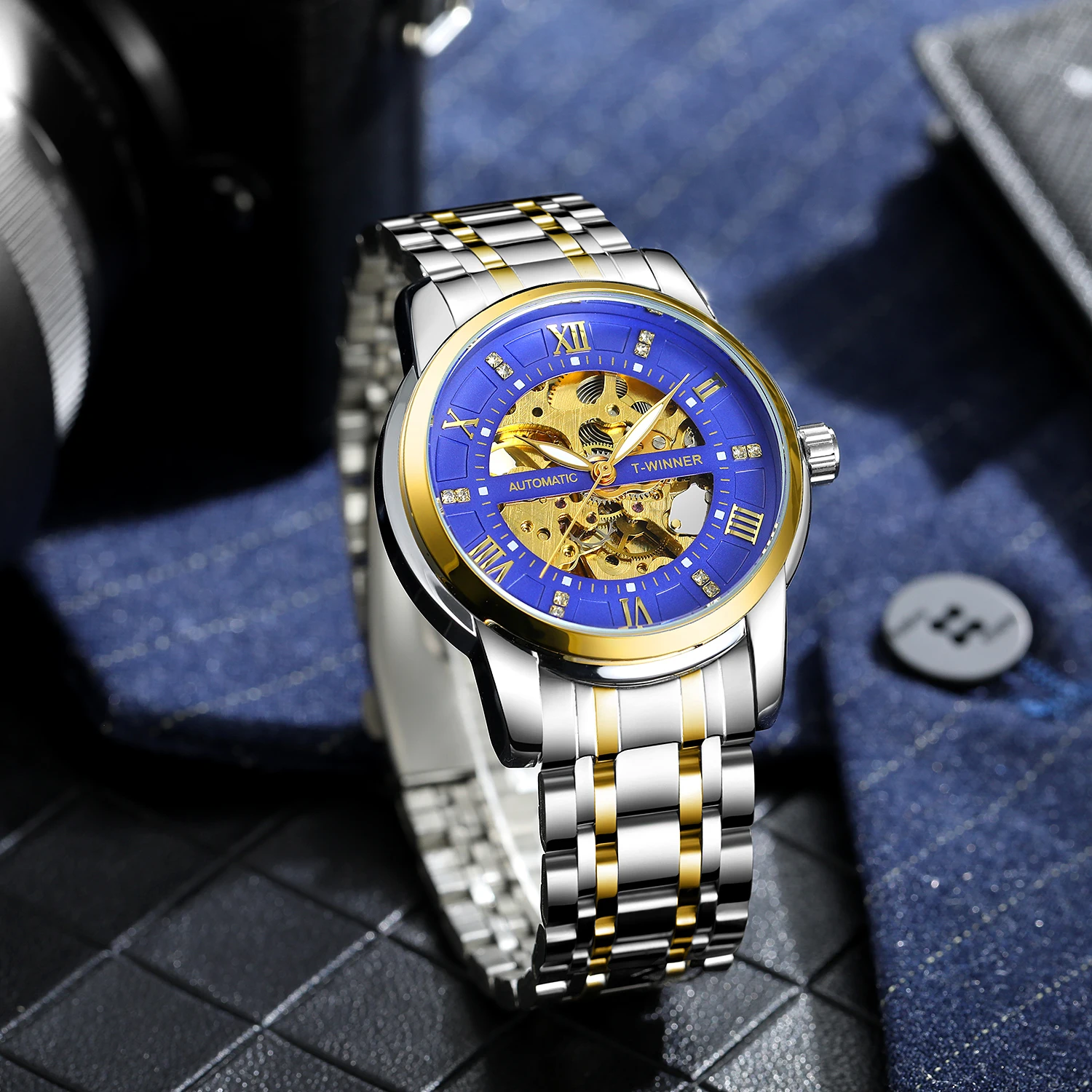 T-WINNER na moda relógios masculinos esqueleto relógios mecânicos automáticos strass ponteiros luminosos aço inoxidável esporte relógio de pulso