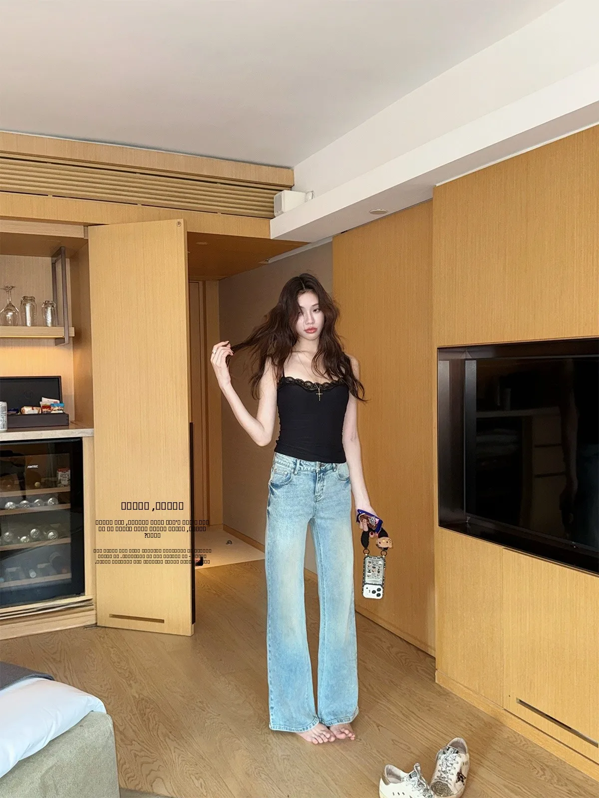 

Spring Early Light Denim High Elastici Waed Straight Leg Jeans Cotton l Waist Button Pure Color Everyday Wear