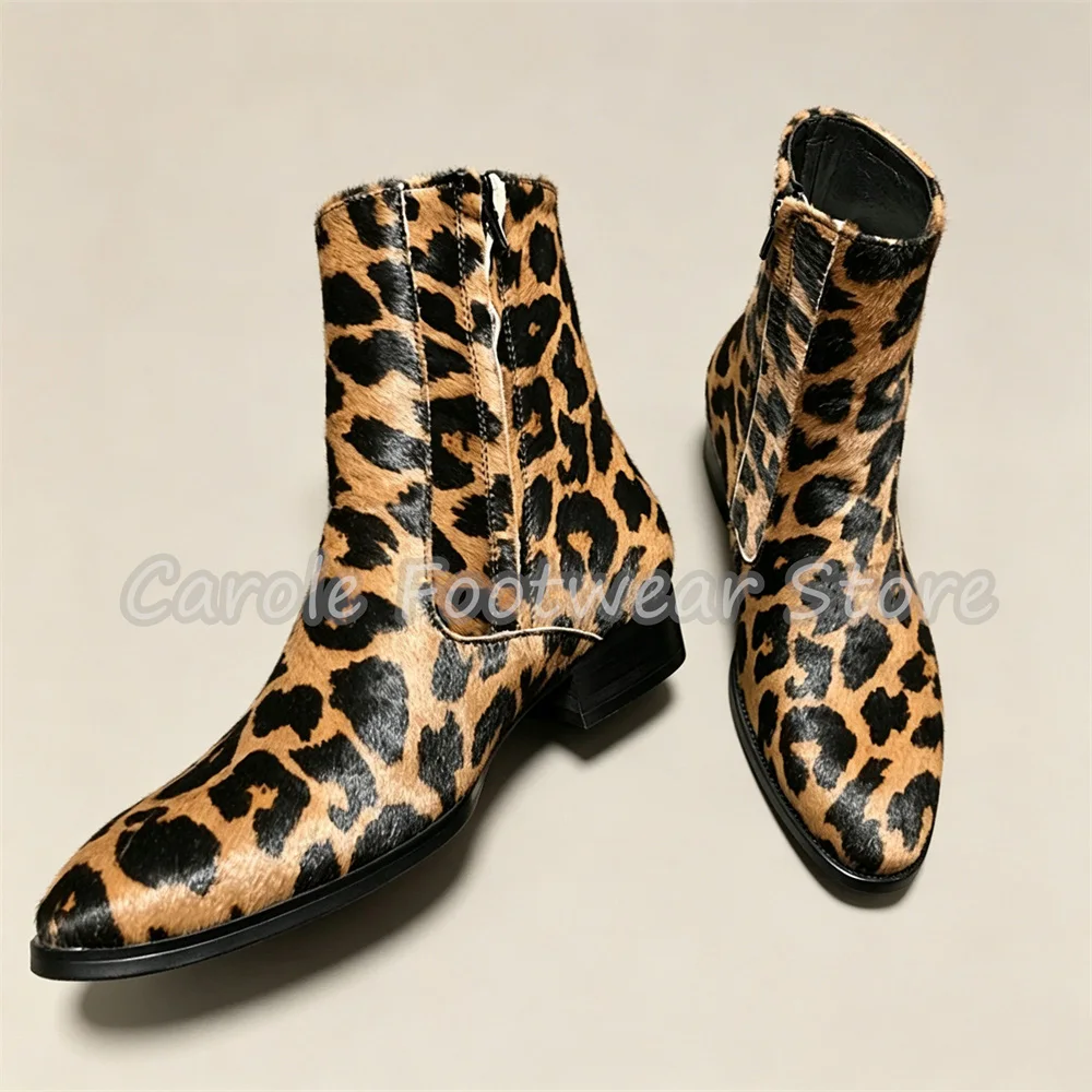 Handmade Leopard Print Genuine Leather Male Ankle Boots British Style Pointed Toe Chunky Heel Side Zipper Party Dress Boots