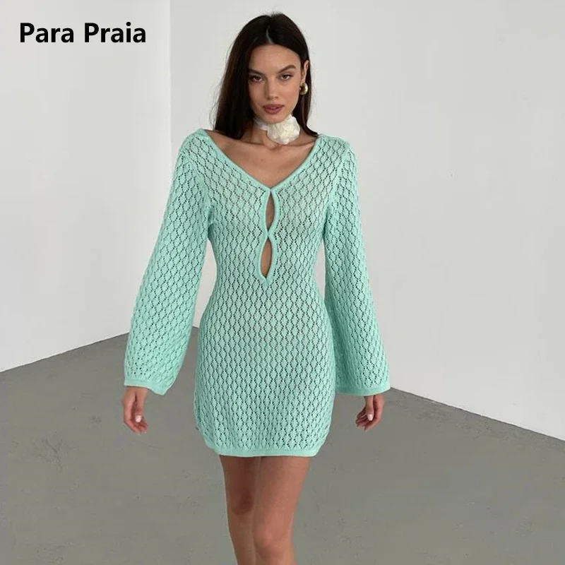 

Para Praia вязаная крючком туника с длинными рукавами и вырезами на спине, пляжная накидка, пляжное платье, пляжная одежда, пляжная одежда для женщин