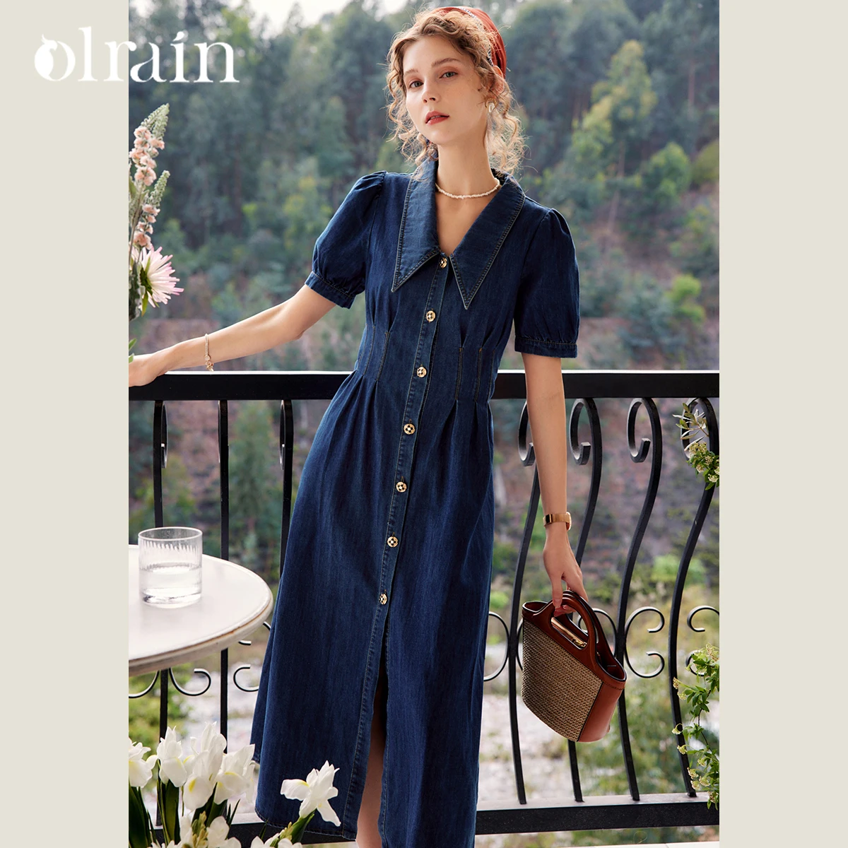 

OLrain Womens Summer Denim Dresses 2025 Vintage Fashion Fitted Waist Short Puff Sleeve Button Down Denim Long Dress M56QL56063