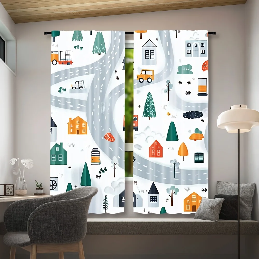 Minimalist Cartoon Village Road Window Curtains 2 Panels, Color House Pine Car Bus Drapes for Toddler Playroom Kids Bedroom