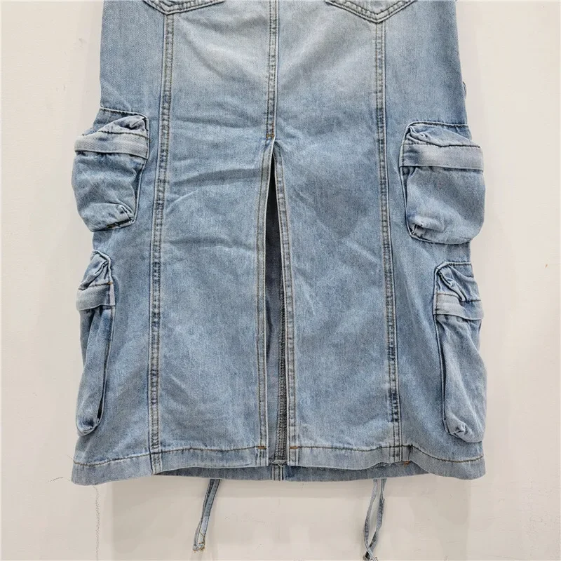 Damska spódnica robocza z denimu, z wysokim stanem, o prostym kroju, w stylu vintage, z wieloma kieszeniami, z rozcięciem z tyłu, codzienna, letnia, modna spódnica jeansowa dla kobiet.