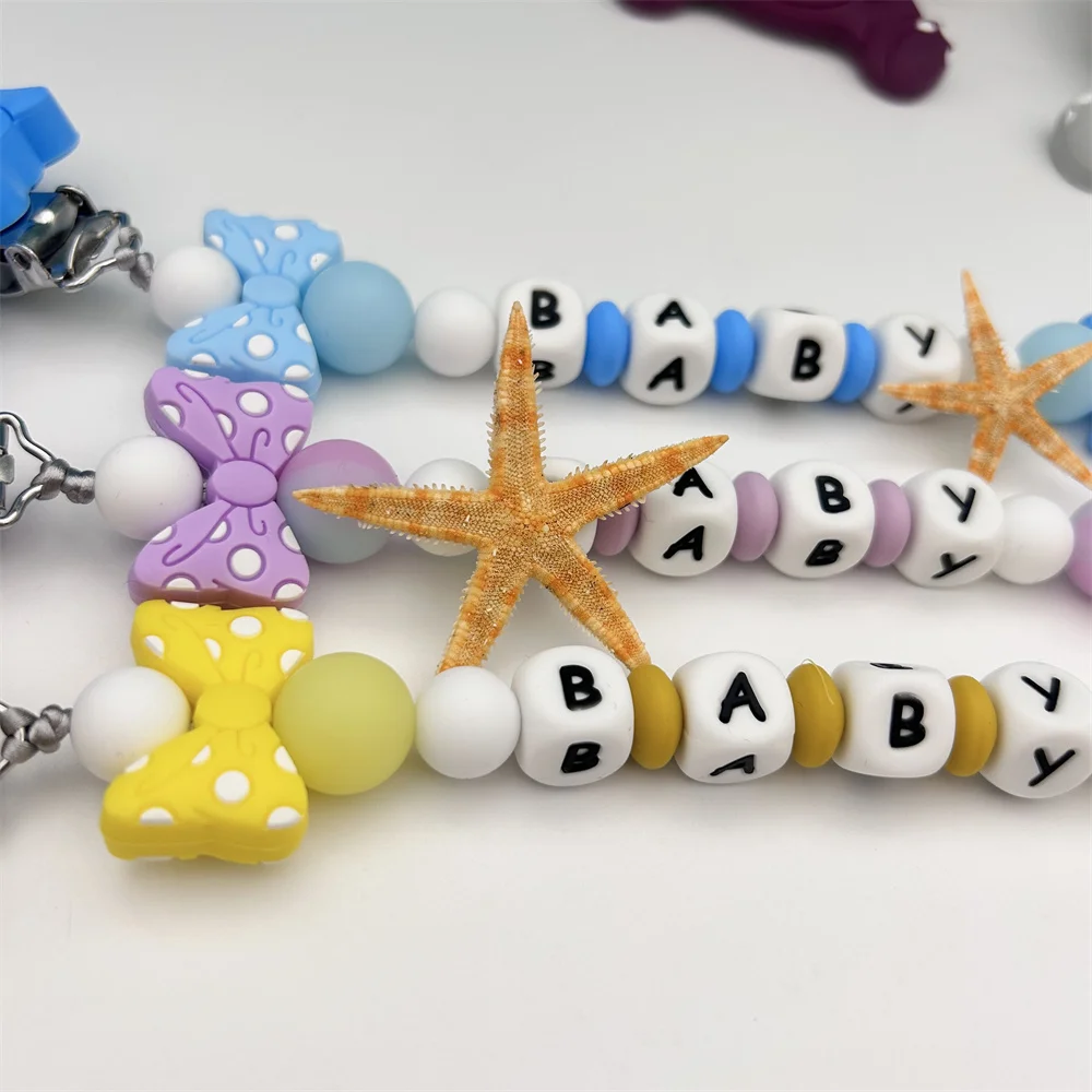 개인화 된 편지 이름 아기 실리콘 코끼리 빛나는 구슬 펜던트 젖꼭지 클립 홀더 체인 아기 Teether Kawaii 장난감 선물