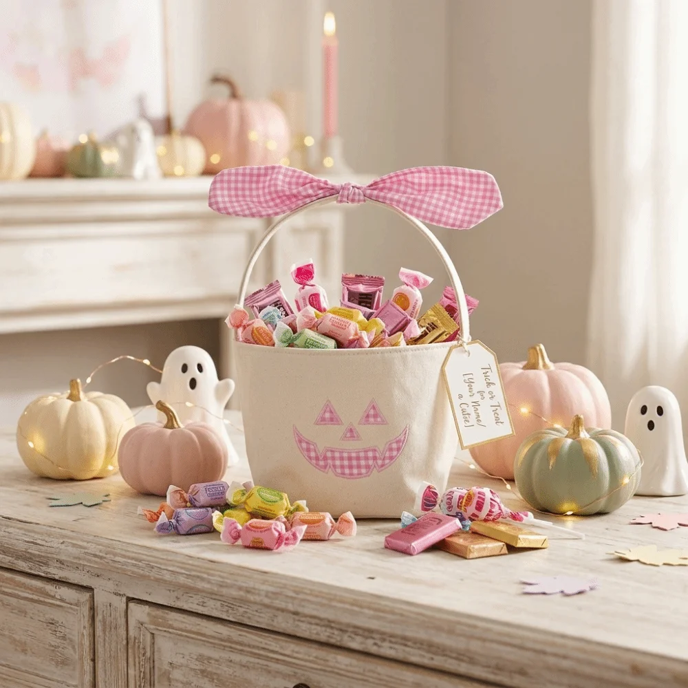 Canvas Fabric Halloween Candy Bucket Gingham Cotton Lining Pumpkin Embroidery Storage Basket Large Capacity Checkered Bow