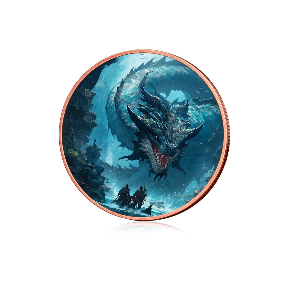 2pcs 1 oz .999 Fine Connected Twin Seamless Round Copper Coin Giant Ancient Sea Dragon Pure Copper Challenge Coin Gifts