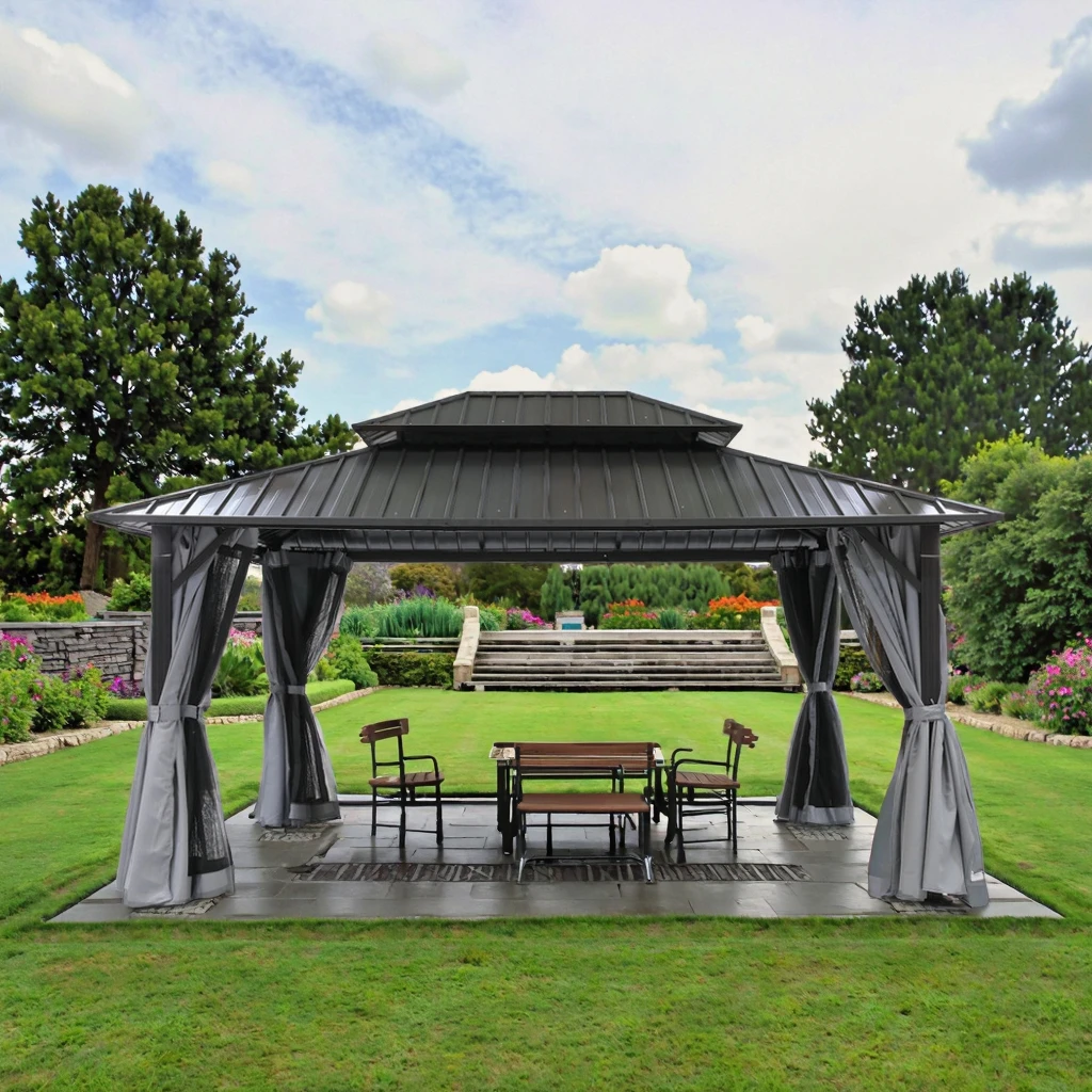 

10'x12' Heavy Duty Aluminum Gazebo Double Metal Roof Patio Hardtop Tent Pergola Canopy Outdoor Furniture