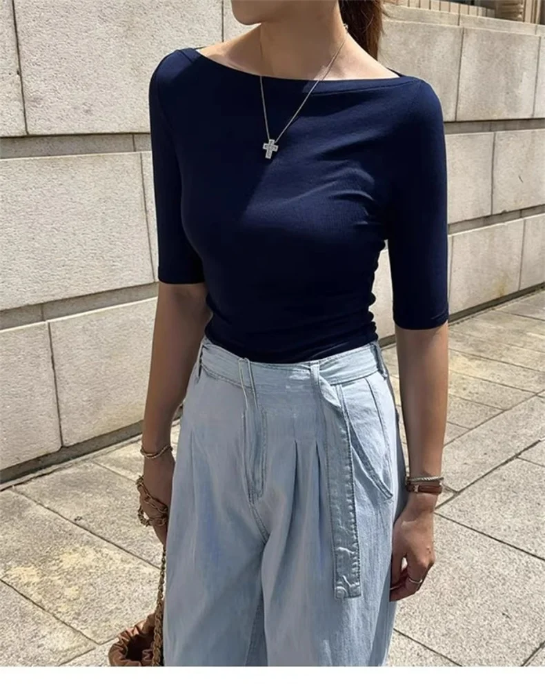 Sexy Halbarm Slim Fit Tees Koreanische 2026 Sommer Trendy Slash Neck Frauen T-shirts Off-schulter Feste Beiläufige Vielseitige top – Detail 11