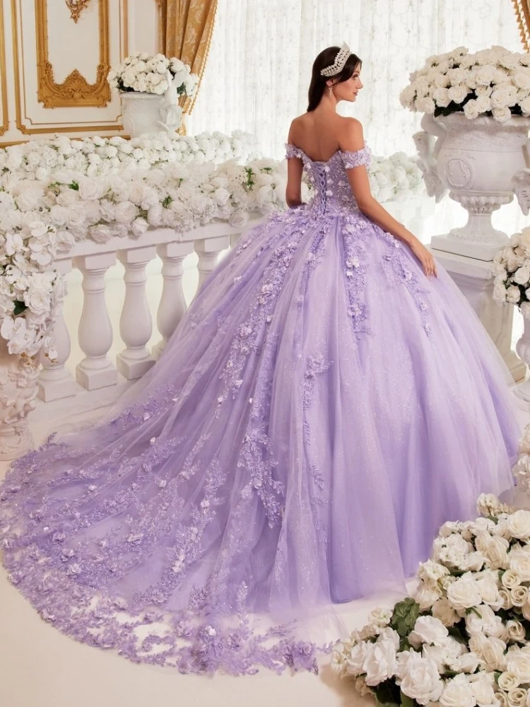 Lavender Women Wedding Dress Flowers Appliques With Trailing Sleeveless For Bridesmaid Evening Banquet Birthday Ceremonial Gown