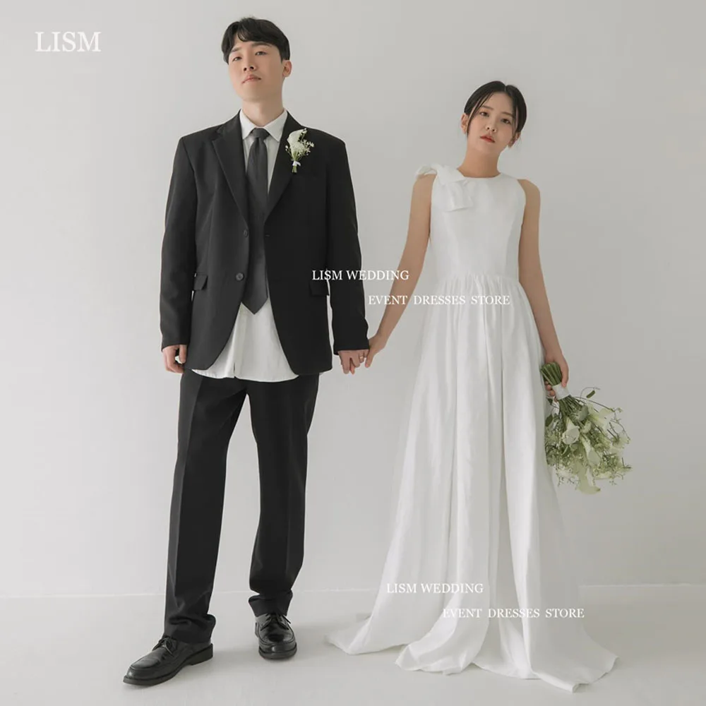 

LISM Simple Satin Korea A-Line Wedding Dresses Photo Shoot O-Neck Pleat Floor Length Bridal Gowns Corset Back Vestidos De Noiva