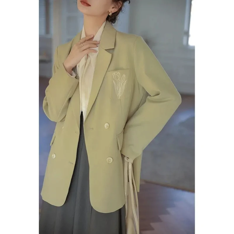 Korean Embroidery Suit Collar Women\'s 2024 Spring Autumn New Patchwork Button Pocket Casual Fashion Loose Long Sleeved Blazers