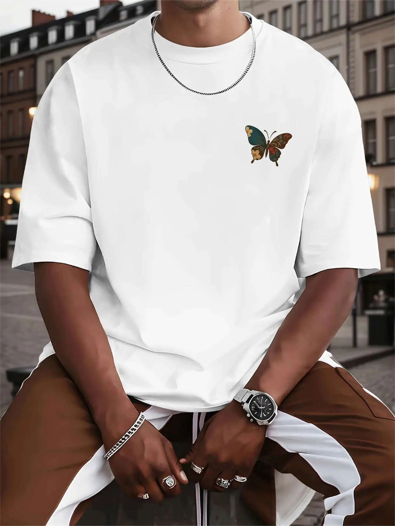 فراشة الأزهار الجرافيك المحملة موضة تي شيرت مطبوع الرجال 220gNew الصيف الرياضة موضة مطبوعة القطن الخالص قصيرة الأكمام تي شيرت #3