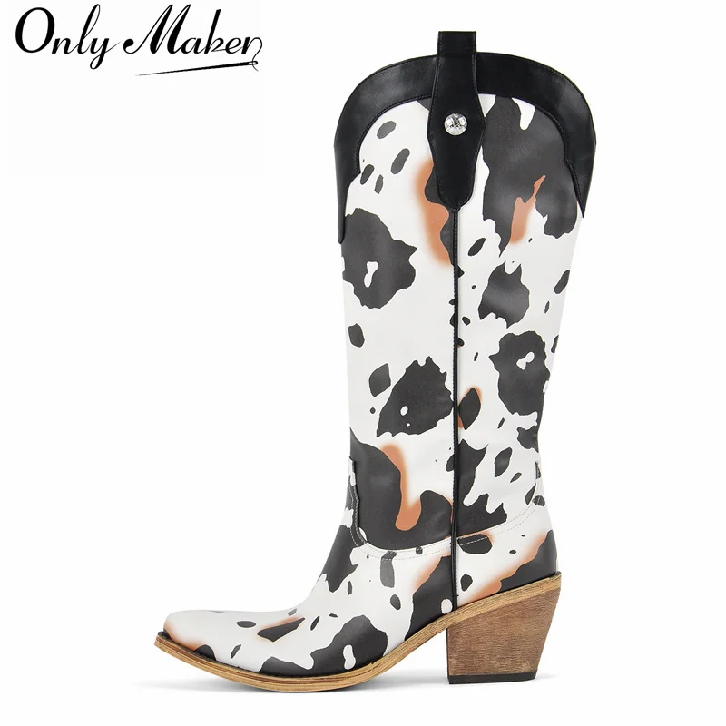 Onlymaker Women Pointed Toe Cow Print Knee High Western Boots    Mid Calf Chunky Heel Cowgirl Western Boots