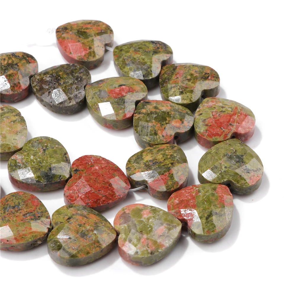 Natural Unakite Pendant Beads Flat Love Heart Faceted Stone Bead Healing Reiki Beads for DIY Bracelet Necklace Earrings 15*15mm