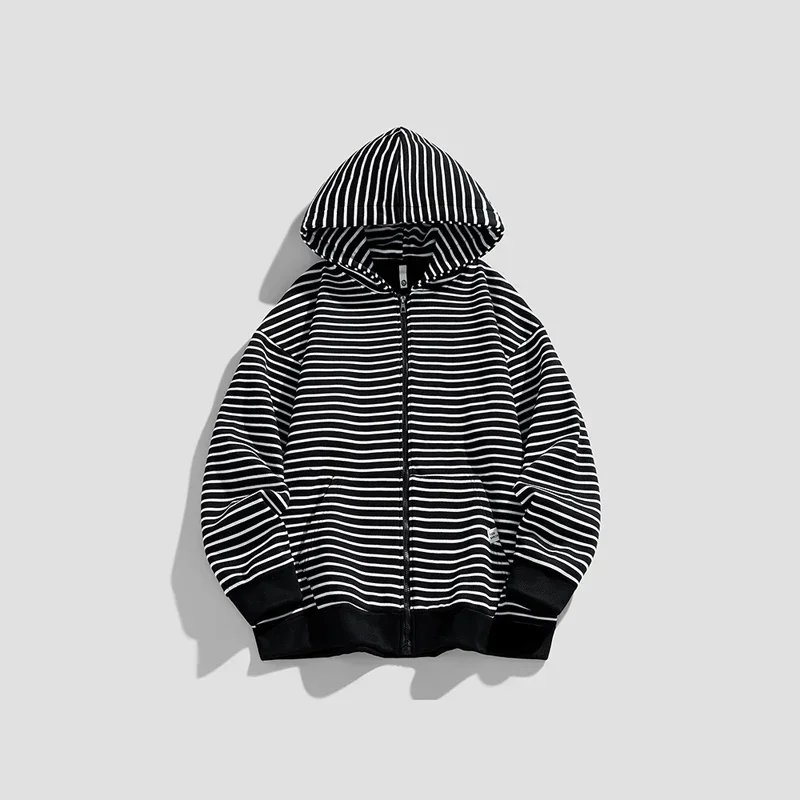 TFETTERS Brand Zip-up Hooded Jackets Mens Fleece Striped Baggy Autumn Winter New Motion Jackets for Man Korean Fashion Men Coat