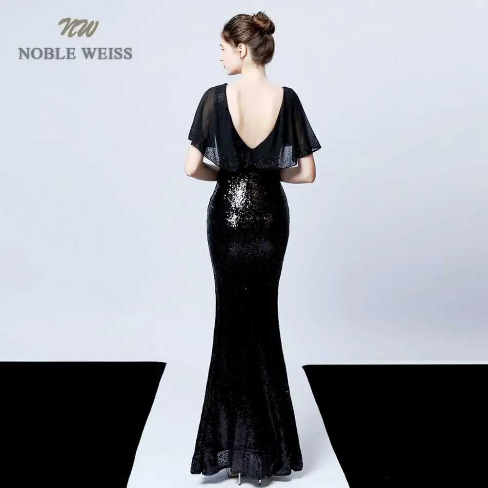 Evening Dresses Sexy V-neck Mermaid  Sequin Prom Dress Floor Length In Stock Evening Gown with Short Sleeves Customized