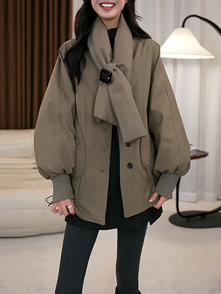 

Ladies Thiened Oversize Bread Coat Winter New Sle Dstring Scarf Collar Single Button Cotton Outerwear Warm Outer Jaet