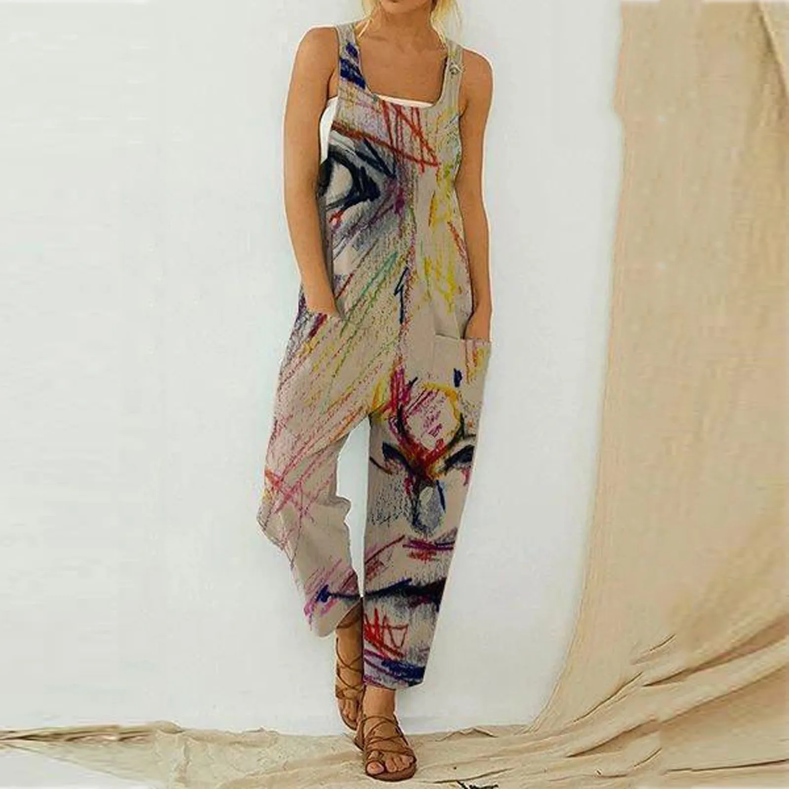 Summer Casual Jumpsuit Women Print Spaghetti Strap Sleeveless Wide Leg Rompers Woman Loose with Large Pocket Bib Overalls Outfit