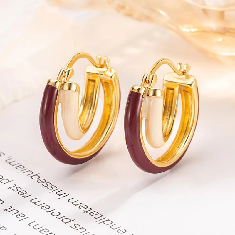 French Retro Two Color Block Glazed Earring Double Circle Earrings for Women Minimalist and Glamorous Ear Buckle KOFSAC