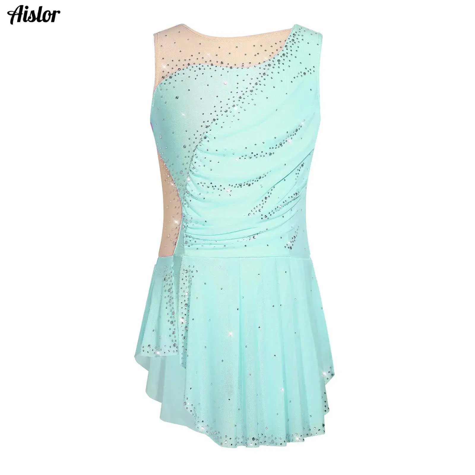 

Kids Girls Figure Skating Rhythmic Gymnastics Leotard Dress Ruched Mesh Side Slit Shiny Rhinestones Dress Ballerina Clothes