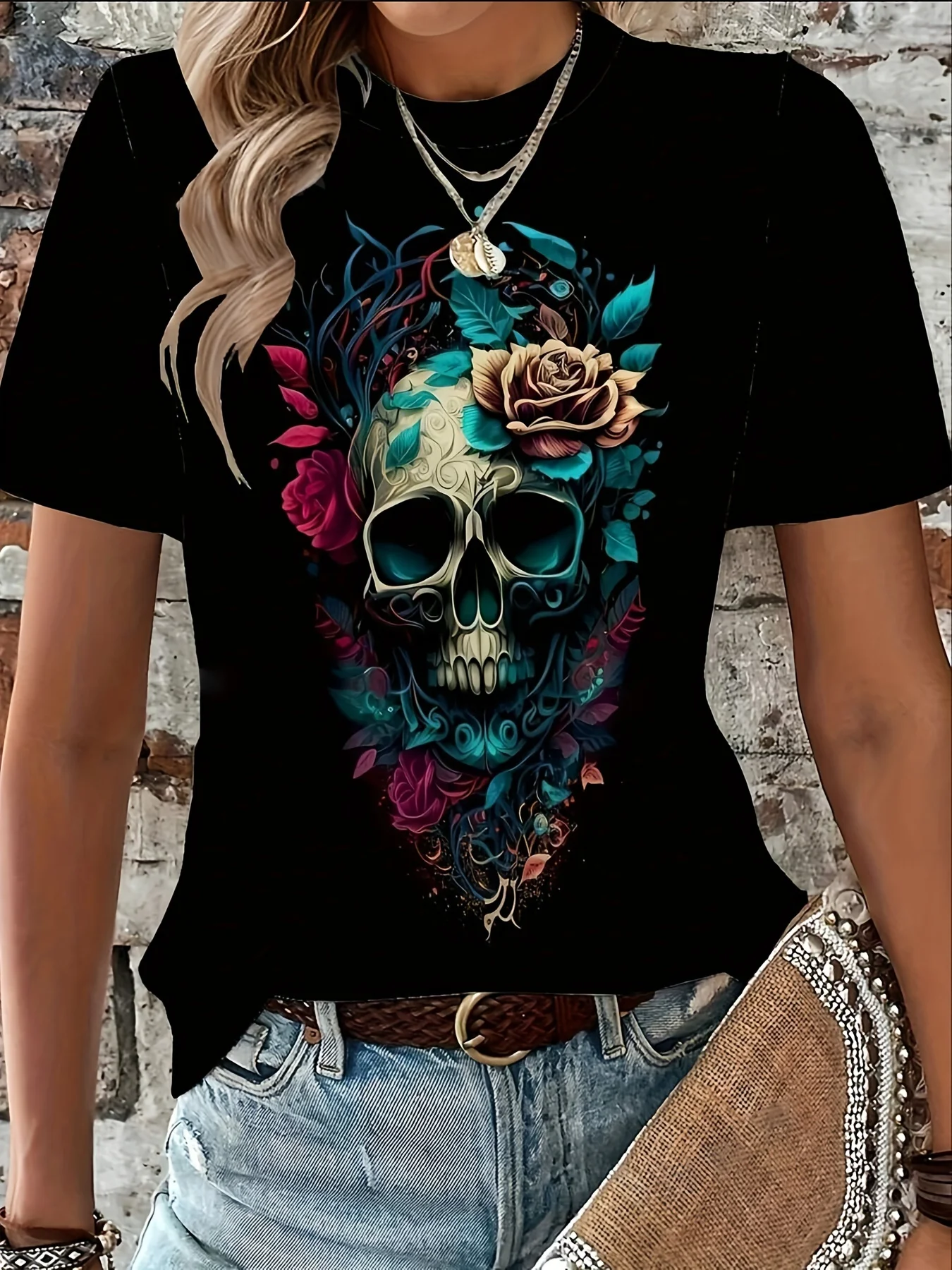 

Plus Size Women's Fashion Casual Loose Floral Skull Print Round Neck Short Sleeved Comfortable T-shirt Top