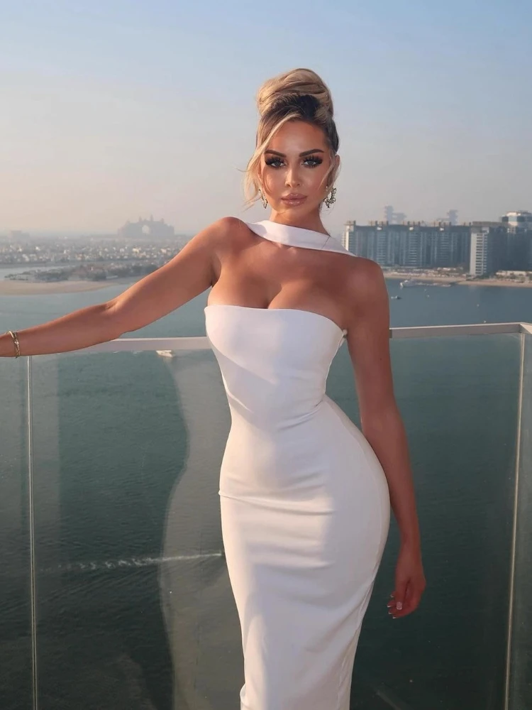 Mulher sexy fora do ombro sem mangas magro vestido longo streetwear senhora chique sexy halter pescoço split sem costas sólido festa clube vestidos