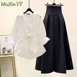 2024 Summer New Korean Elegant V-neck Sunscreen Shirt Top +High Waist Midi Skirt Two Piece Suit Women Fashion Dress Matching Set