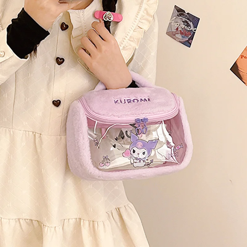 Sanrio Kulomi Cute and Sweet Storage Bag Melody Cartoon Transparent Fashion Plush Large Capacity Portable Cosmetic Bag