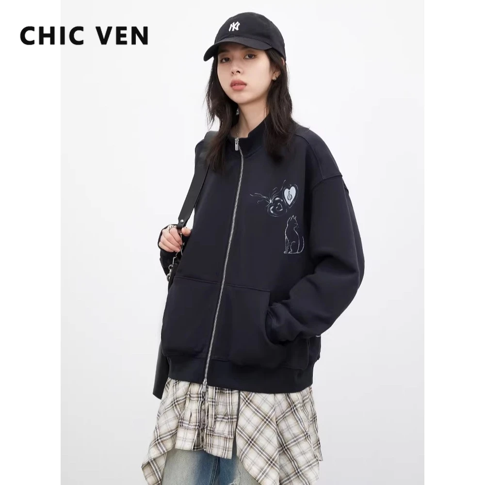 

Корейская женская толстовка CHIC VEN, свободная, новая, с воротником-стойкой, на двойной молнии, с мультяшным принтом кошки, кардиган, весна-осень 2026
