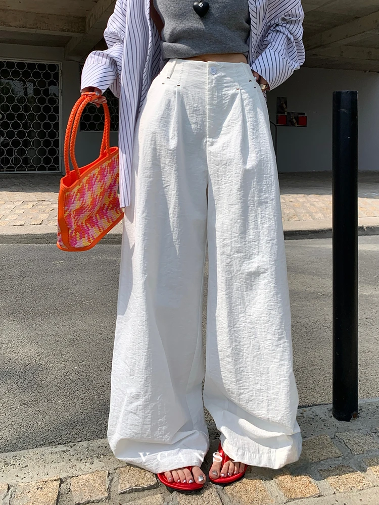 

Брюки Vcansy American Sle Simple Commuter: широкие, длинные, повседневные, свободные, из хлопка и льна, с высокой талией, прямого кроя