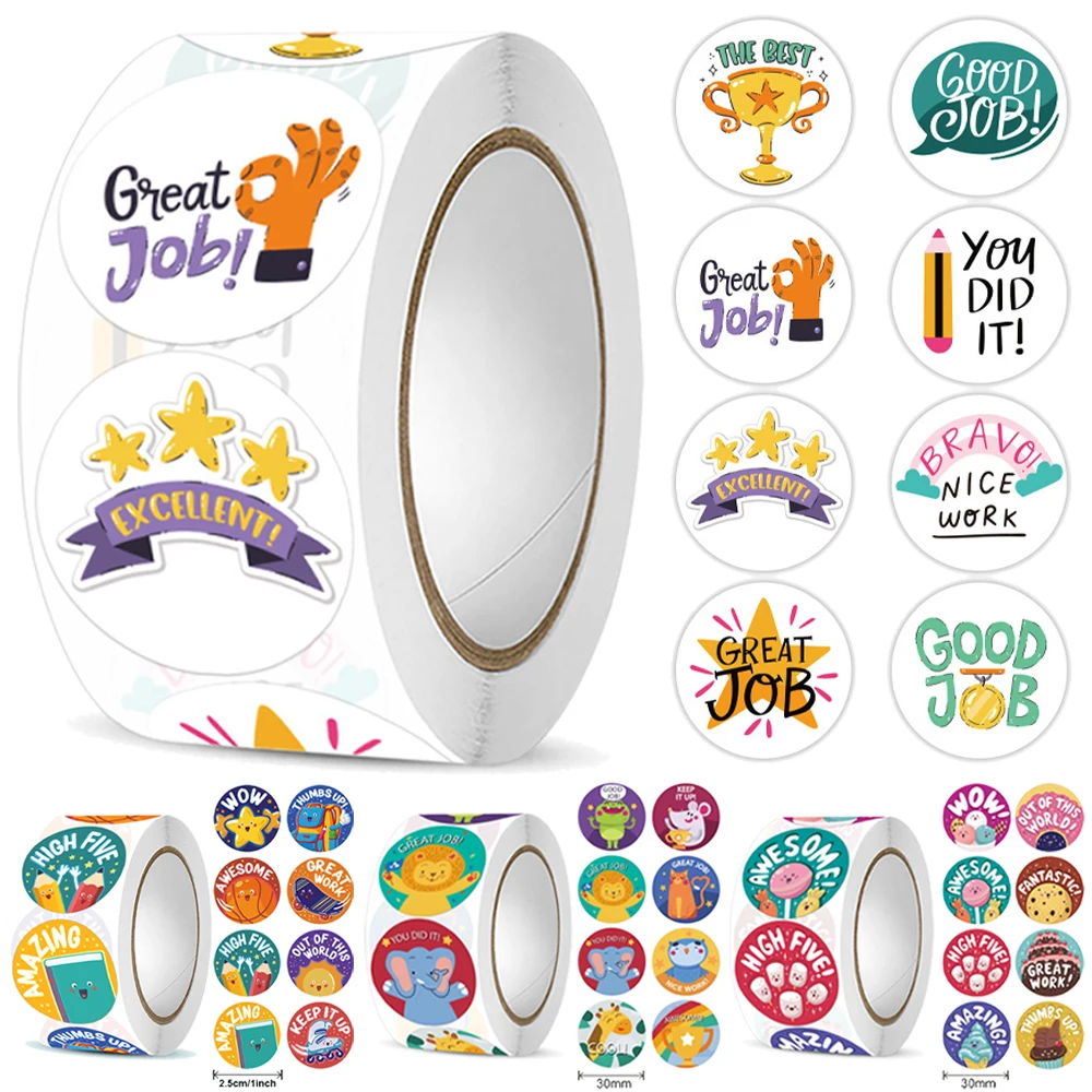 Rouleau d'autocollants de récompense mignons avec mot, autocollants de motivation pour les enseignants, les enfants, les étudiants, la papeterie, les enfants, 1 po, 500 pièces