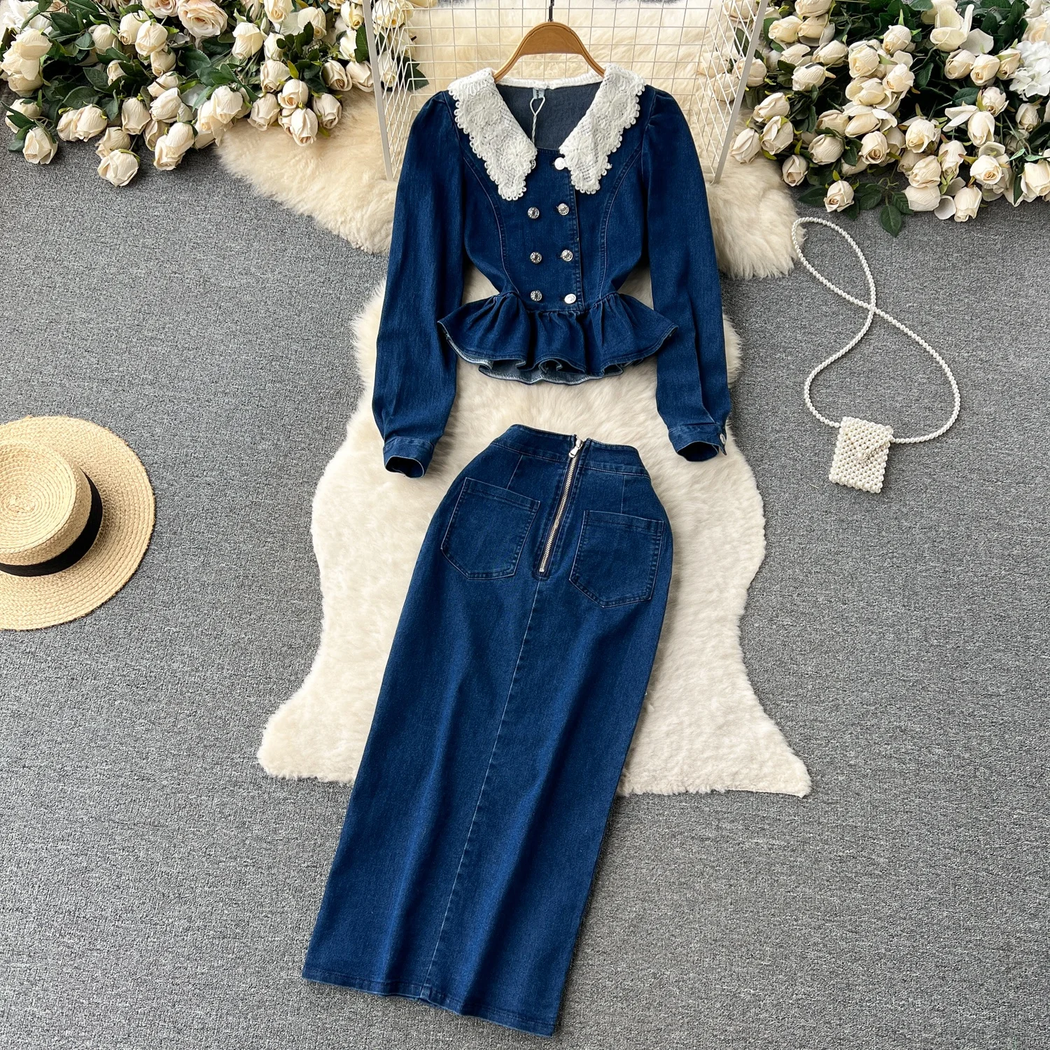 

Retro Spring New Women's Denim Jaet And Midi Skirt Set with Ruffle Collar Bodycon Sle Faionable Two-Piece Ensemble