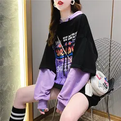 Women's Hooded Sweatshirts Spring and Autumn Loose Splicing Female Top Baggy Black Hoodies Graphic Dropshiping Matching Casual E