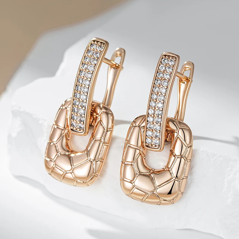 Kinel Fashion 585 Rose Gold Color Glossy Big Drop Earrings For Women Full White Natural Zircon Elegant Daily Fine Jewelry