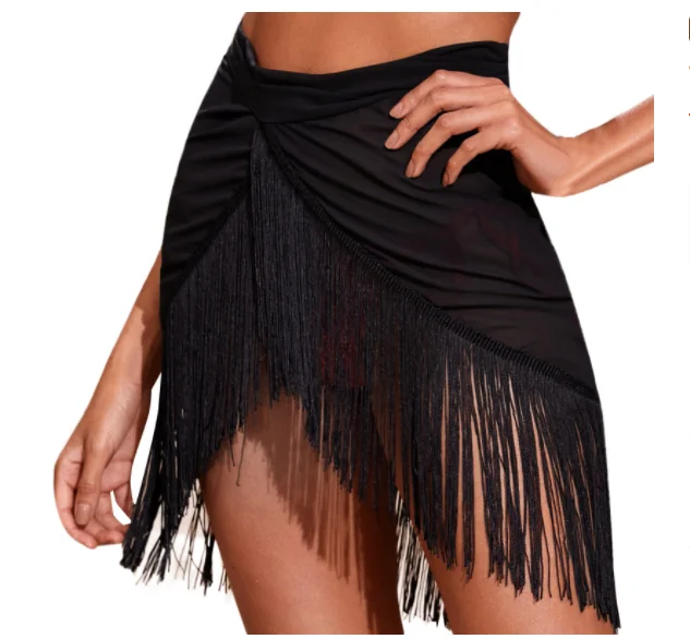 2023 Womens Tassel Latin Skirt Sexy Black Asymmetrical Fringed Ballet Samba Tango Dancing Costume Competition Stage Dancewear