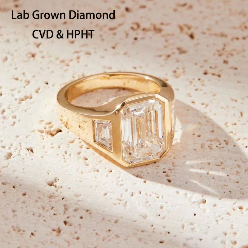 4.00 Ct Emerald Cut Lab Grown Diamond Engagement Ring with Trapezoid Side Stones 14K 10K Gold IGI Certified DEF / VS VVS Clarity