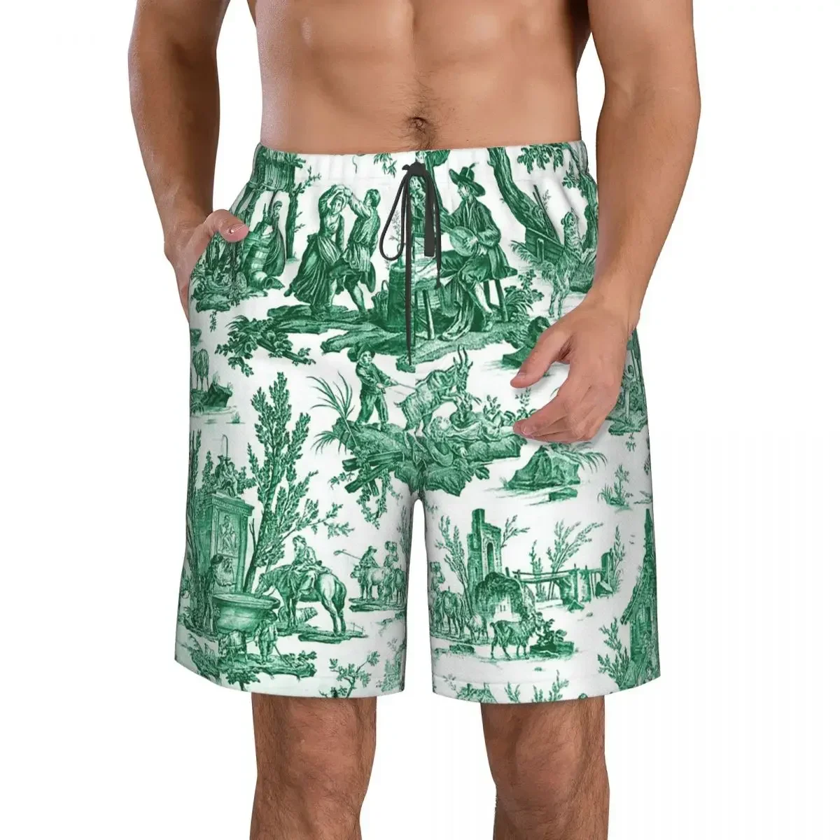Vintage French Toile De Jouy Motif Trunks Beach Board Shorts Casual Quick Dry Swim Summer Men Pants