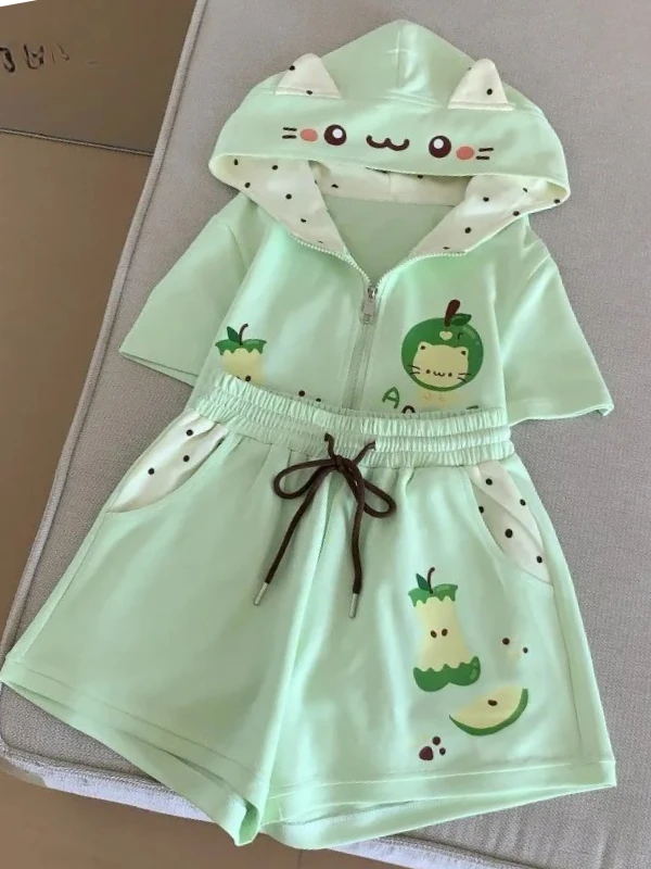 

Summer New Sweet Girl Cartoon Print Skirt Sets Japanese Preppy Hooded Short Sleeve Zip-up Jacket Top High-waisted Mini Skirt