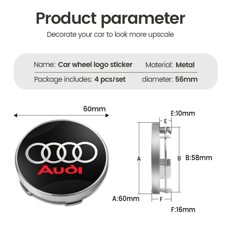 60MM Car Wheel Center Cover Hub Caps Badge Decoration For Audi QUATTRO Sline RS A4 B8 B6 B7 B9 A3 8P 8V 8L A6 C7 C6 C5 A5 Q2 Q3