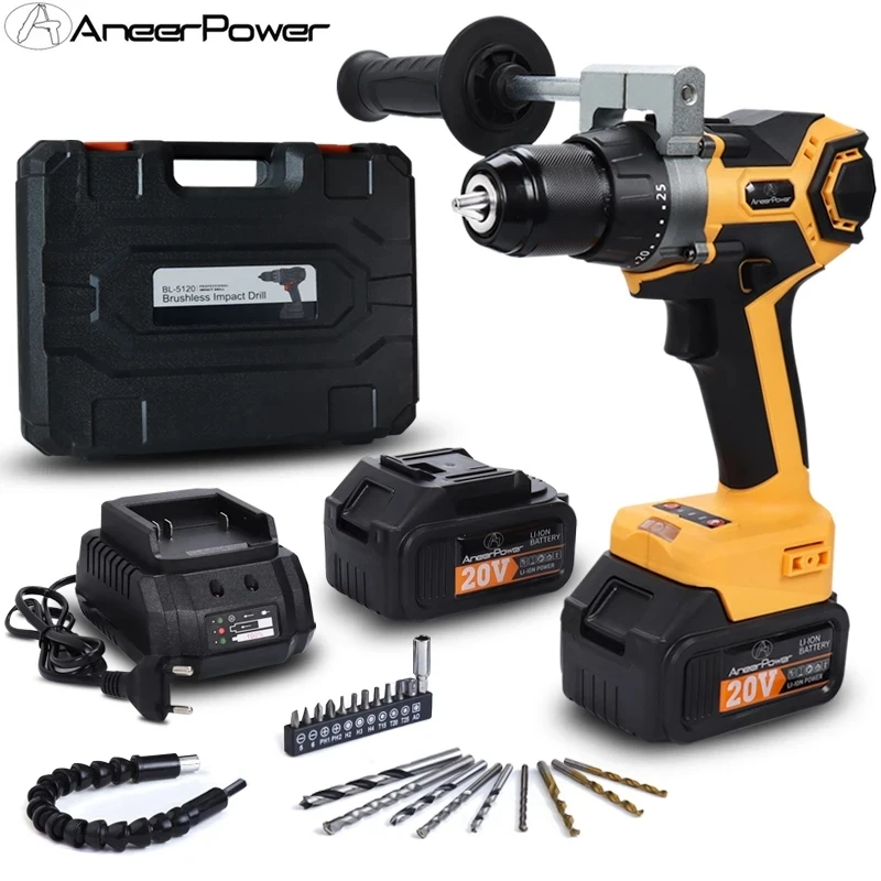 20V Cordless Electric Impact Drill High Power Brushless 3.0Ah Lithium Battery Screwdriver 13MM Self-Locking Chuck 85 N/M Torque