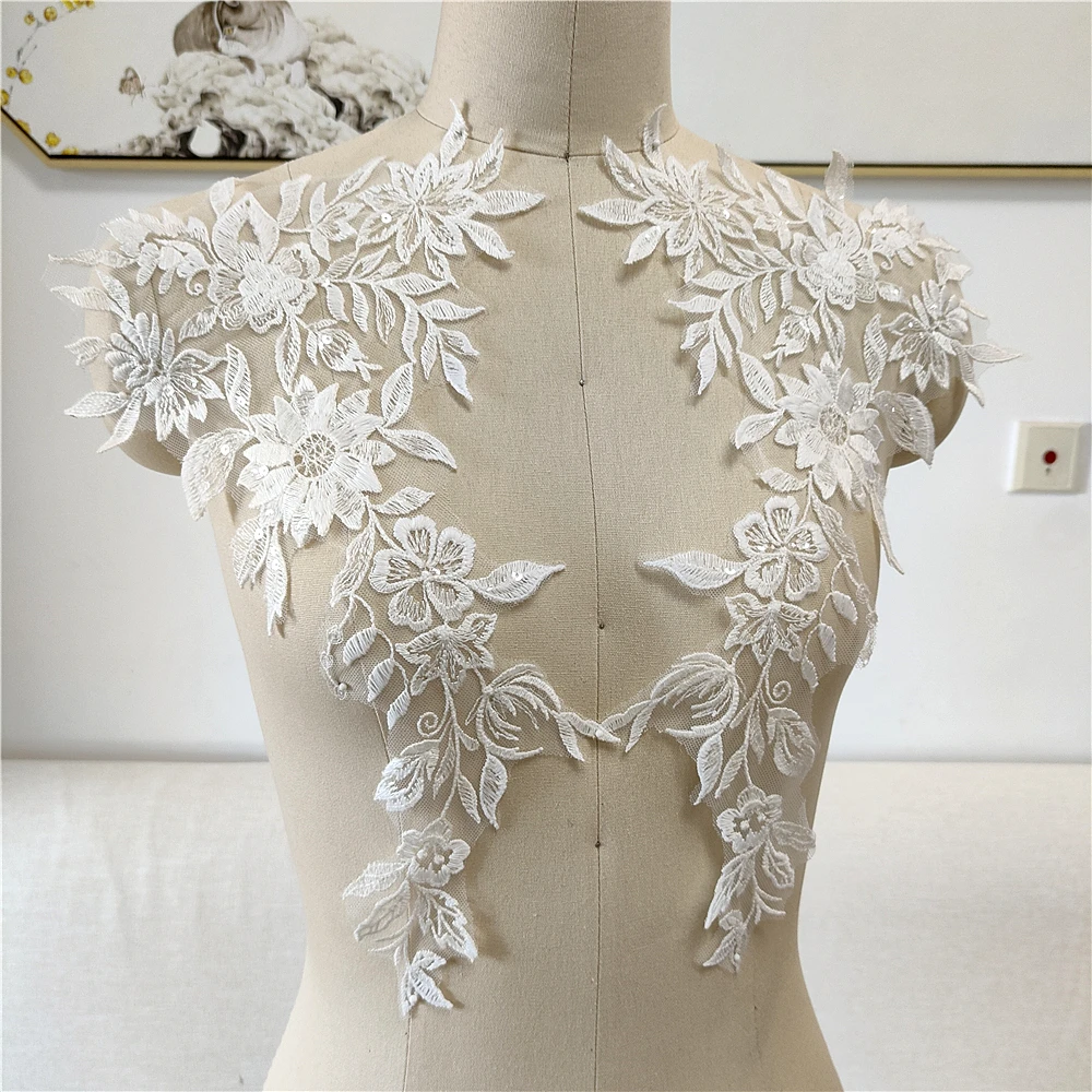 2 шт. белая кружевная ткань, 3D цветок, кисточки, бусины, блестки, вышитые блестки, вышивка, нашивка для платья, DIY Декор