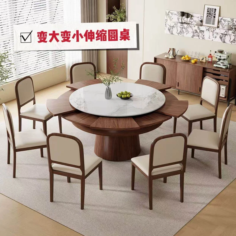 

Adjustable In Size, Multifunctional Round , Walnut , Vintage Home Dining Table, Solid Wood, Rock Slab, Rotating