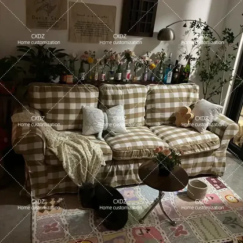 Removable Fabric Sofa 3 Seater Plaid Pattern Couch for Living Room Bedroom Apartment Studio Furniture