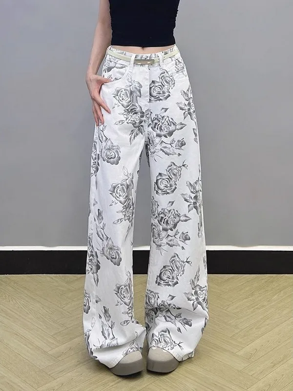 

Retro Rose Print High Waist Straight Leg Jeans Women's Loose Wide Leg Pants Casual Sle Multi ket Waed Denim Blue