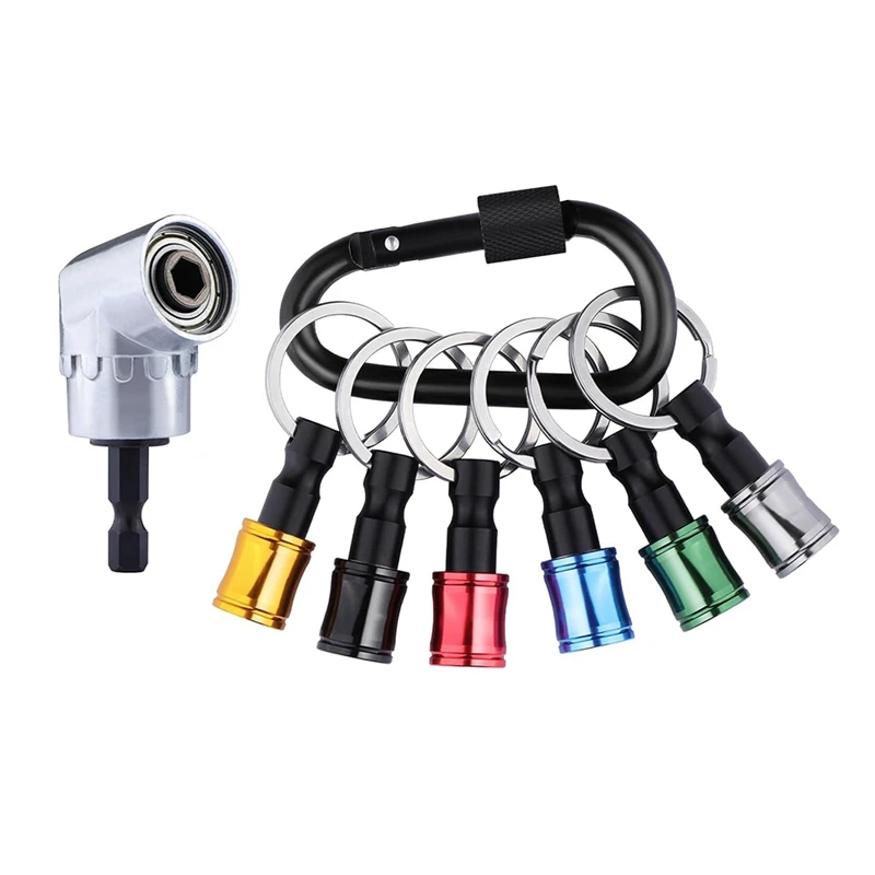 

6Pcs Portable Bit Holder Keychain With 105° Multifunction Right Angle Drill,1/4Inch Screwdriver Bits Retainer Carabiner