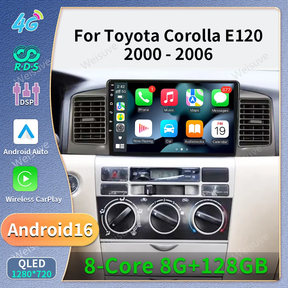 Radio para Auto Mfkj con Android 16 para Toyota Corolla E130 E120 2000-2006, Reproductor Multimedia, Navegación GPS, Carplay Inalámbrico, 2din, DVD
